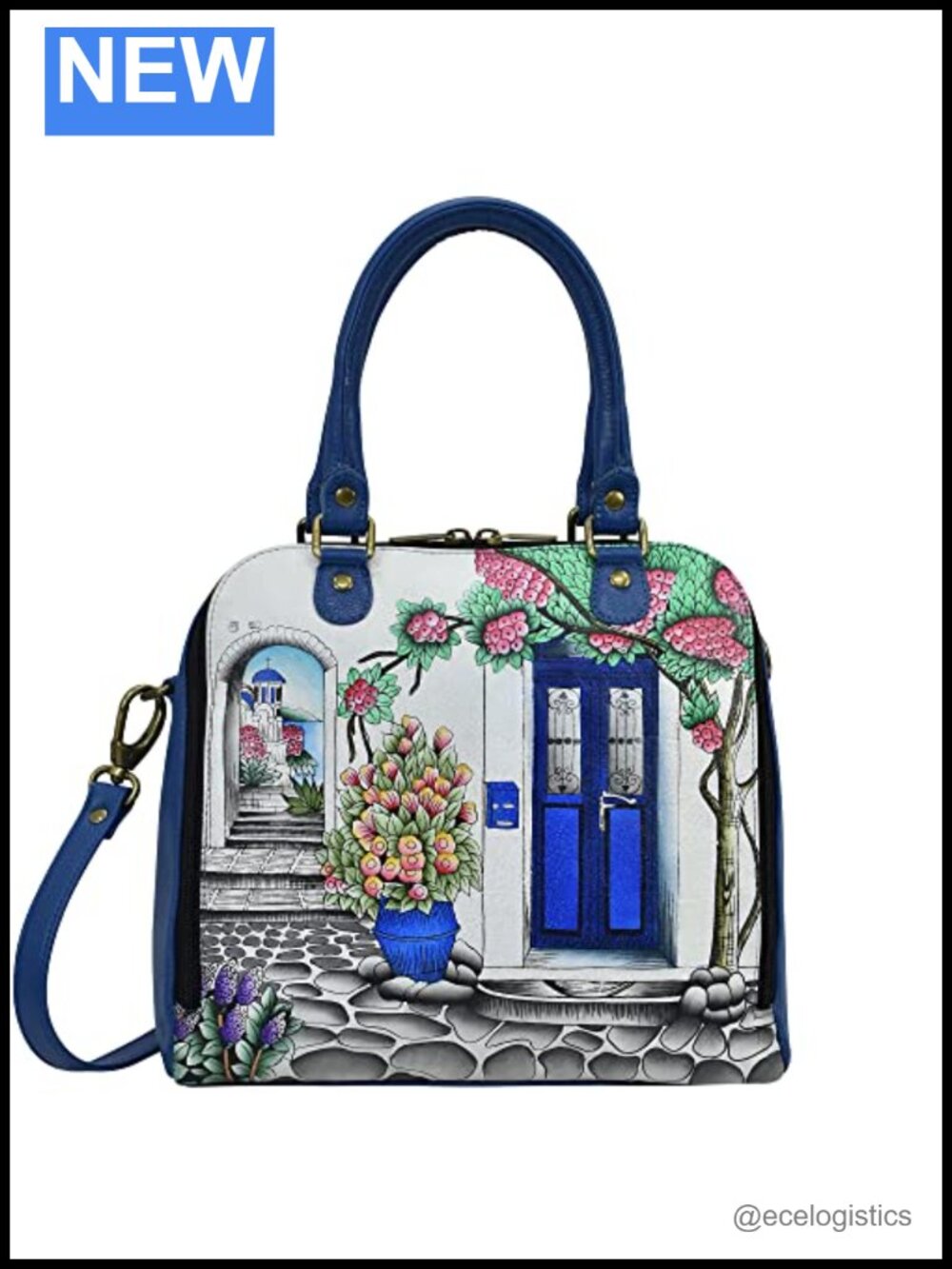 Hand Painted Genuine Leather Organizer Satchel with Adjustable Crossbody Strap